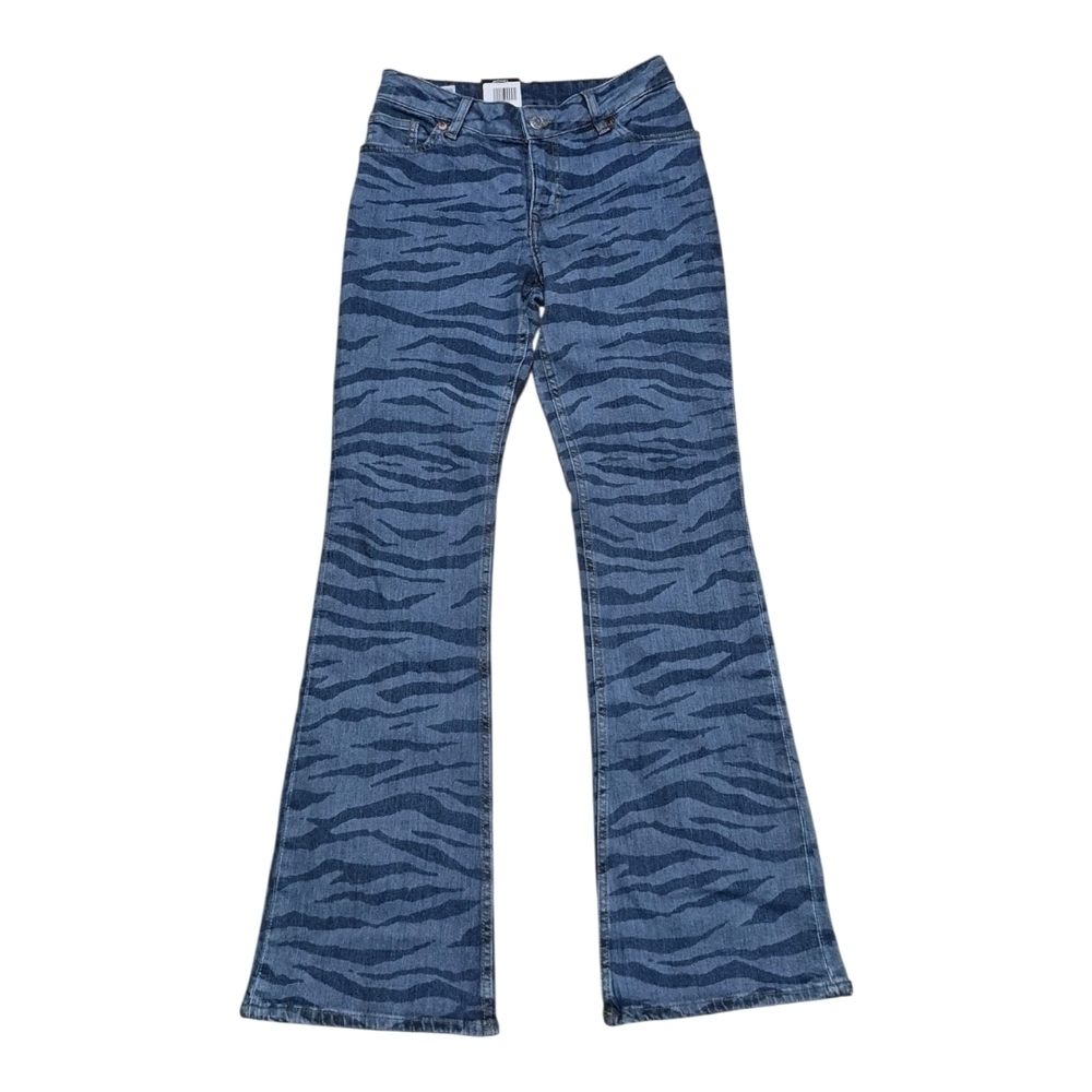 Monki Jeans Women's Flared Animal Print Cotton Bootcut Blue mid-rise Size 25